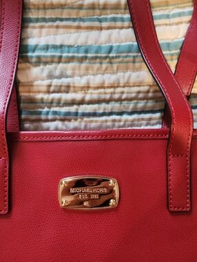 Michael Kors Red Saffiano Leather Tote with Gold Plaque